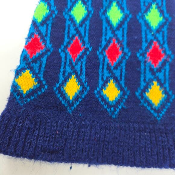 Vintage Jester Winter Stocking Cap Beanie Geometric Navy Yellow Red Green 22" L - Picture 3 of 9